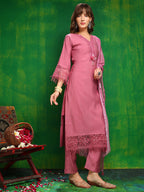 Artificial Flower & Lace Detailing Kurta With Pant & Dupatta, Pink - Hiral Fashion | Grocsy