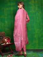 Artificial Flower & Lace Detailing Kurta With Pant & Dupatta, Pink - Hiral Fashion | Grocsy
