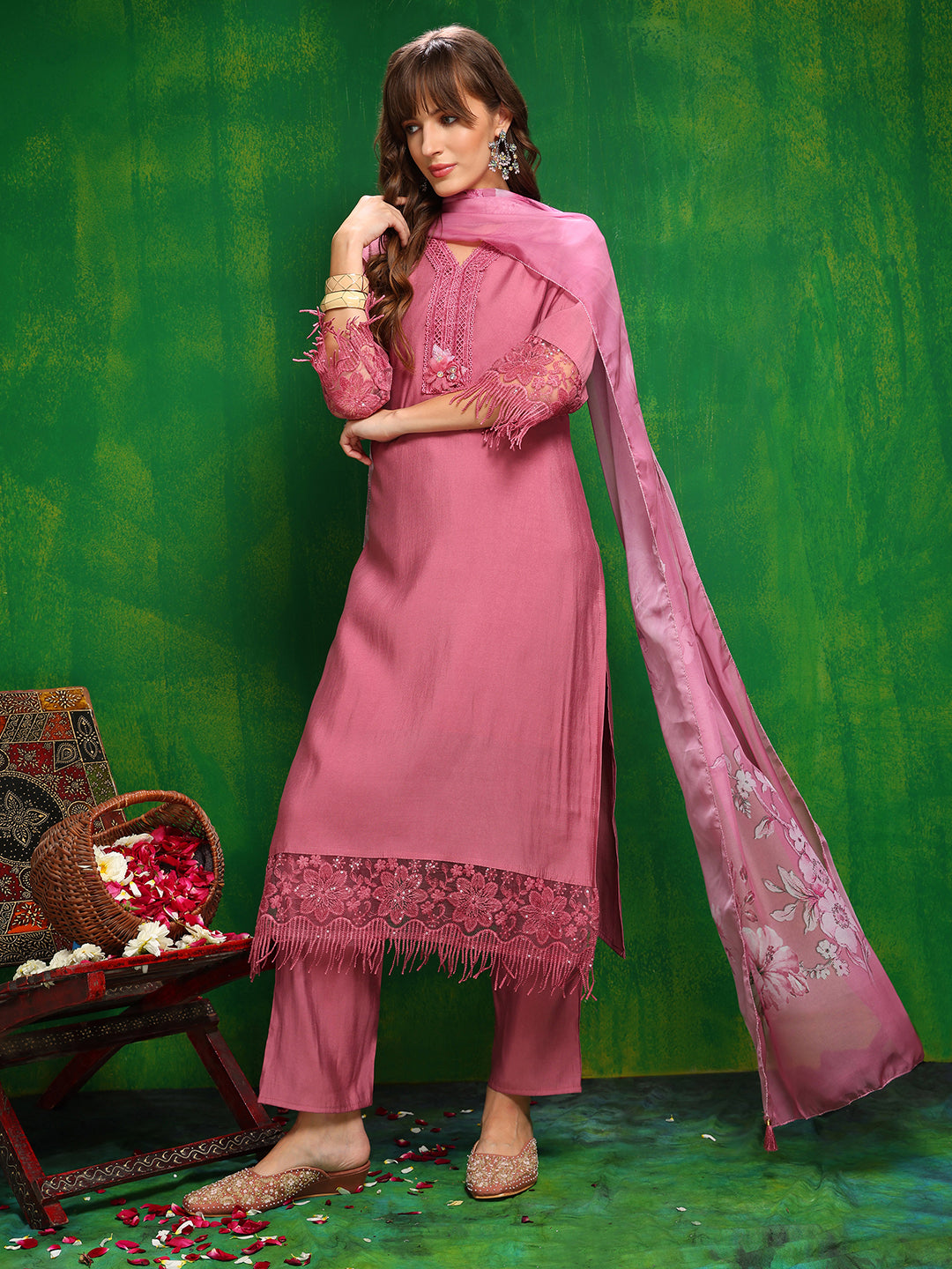 Artificial Flower & Lace Detailing Kurta With Pant & Dupatta, Pink - Hiral Fashion | Grocsy