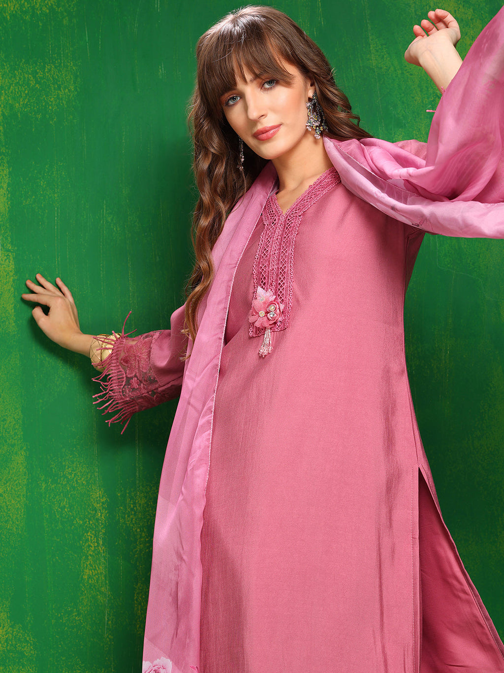 Artificial Flower & Lace Detailing Kurta With Pant & Dupatta, Pink - Hiral Fashion | Grocsy
