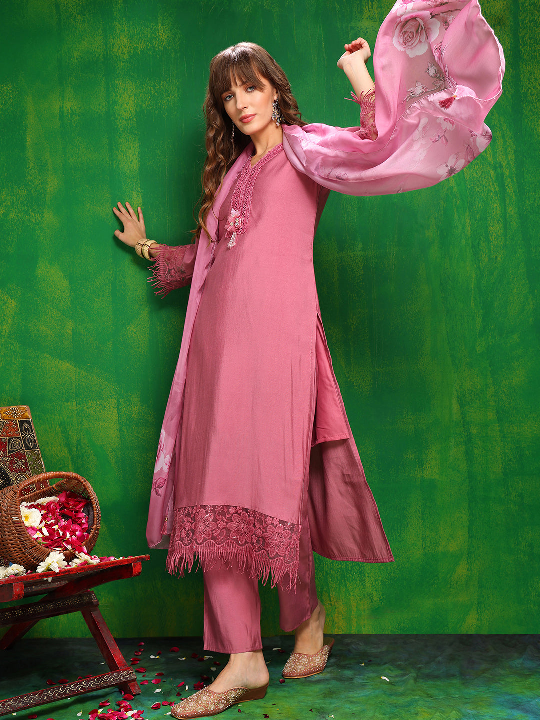 Artificial Flower & Lace Detailing Kurta With Pant & Dupatta, Pink - Hiral Fashion | Grocsy