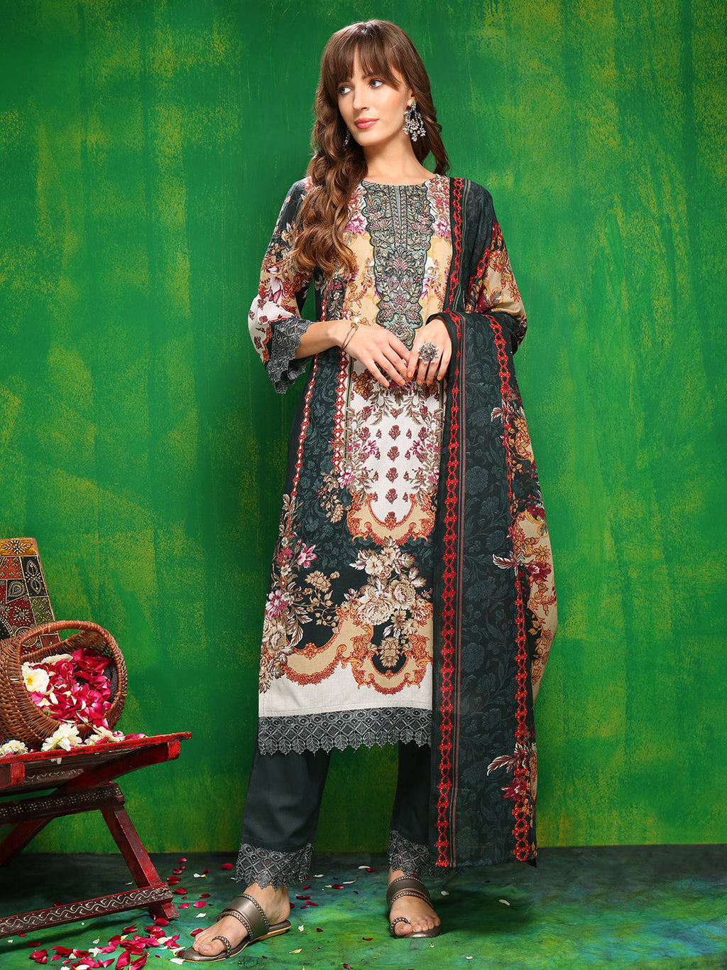 Pakistani Printed Kurta With Pant & Dupatta, Bottle-Green - Hiral Fashion | Grocsy