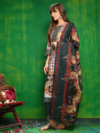 Pakistani Printed Kurta With Pant & Dupatta, Bottle-Green - Hiral Fashion | Grocsy