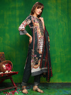 Pakistani Printed Kurta With Pant & Dupatta, Bottle-Green - Hiral Fashion | Grocsy