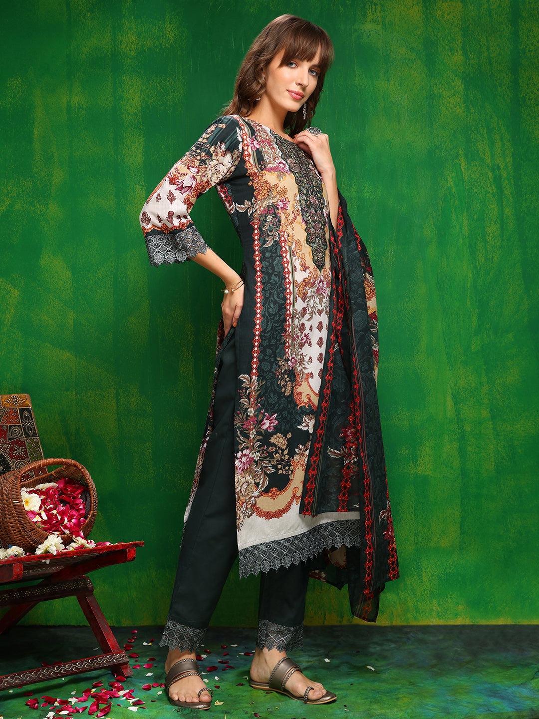 Pakistani Printed Kurta With Pant & Dupatta, Bottle-Green - Hiral Fashion | Grocsy