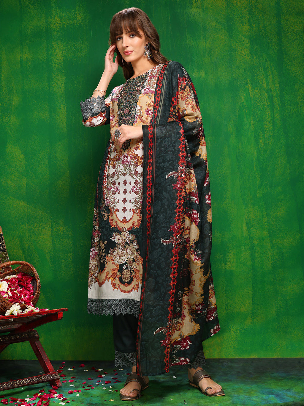 Pakistani Printed Kurta With Pant & Dupatta, Bottle-Green - Hiral Fashion | Grocsy