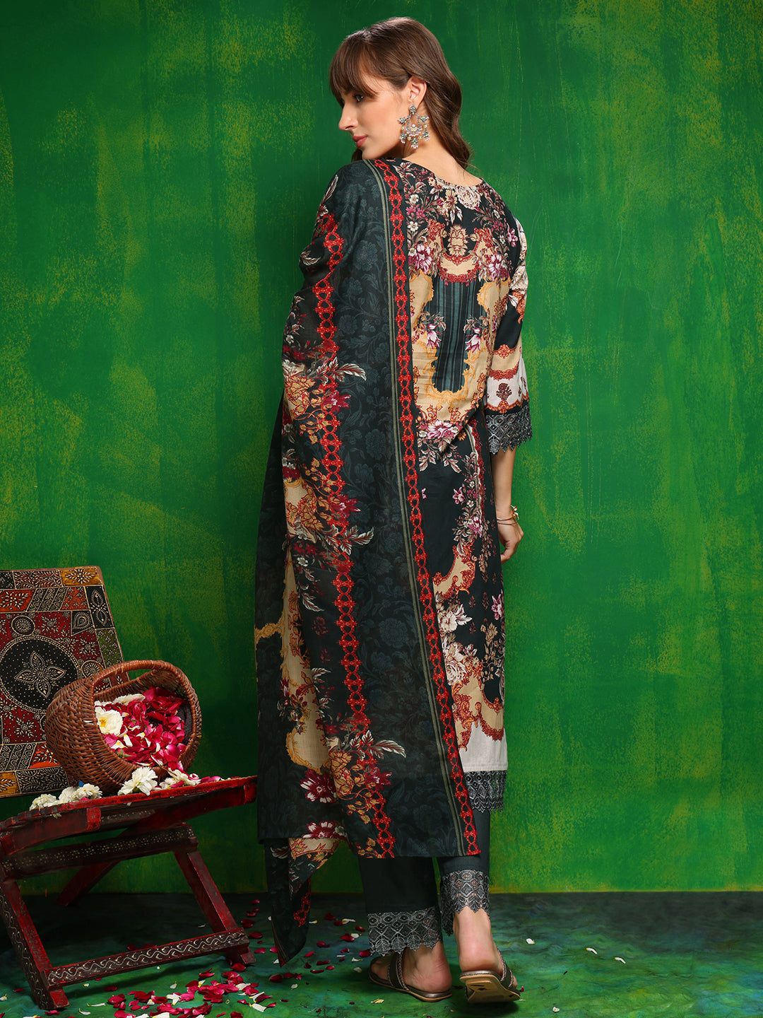 Pakistani Printed Kurta With Pant & Dupatta, Bottle-Green - Hiral Fashion | Grocsy
