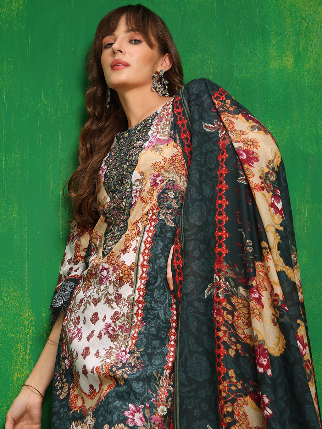 Pakistani Printed Kurta With Pant & Dupatta, Bottle-Green - Hiral Fashion | Grocsy