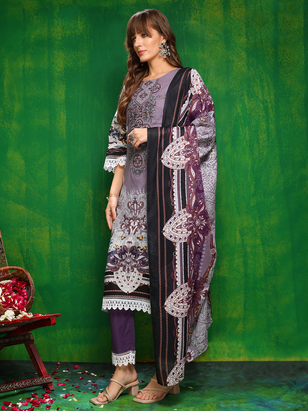 Pakistani Printed Kurta With Pant & Dupatta, Lavender - Hiral Fashion | Grocsy