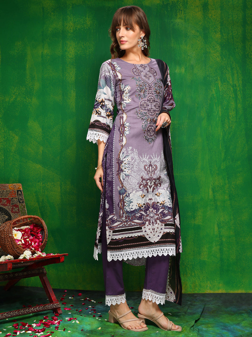 Pakistani Printed Kurta With Pant & Dupatta, Lavender - Hiral Fashion | Grocsy