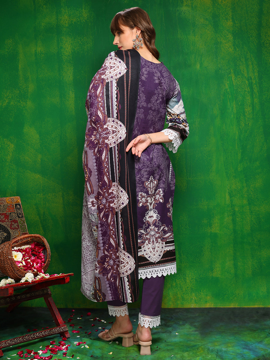 Pakistani Printed Kurta With Pant & Dupatta, Lavender - Hiral Fashion | Grocsy