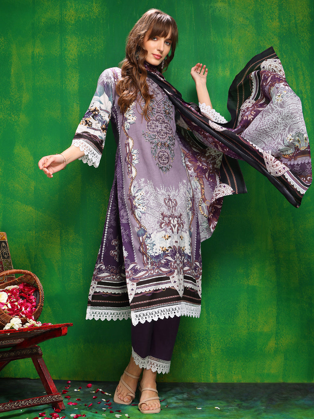 Pakistani Printed Kurta With Pant & Dupatta, Lavender - Hiral Fashion | Grocsy