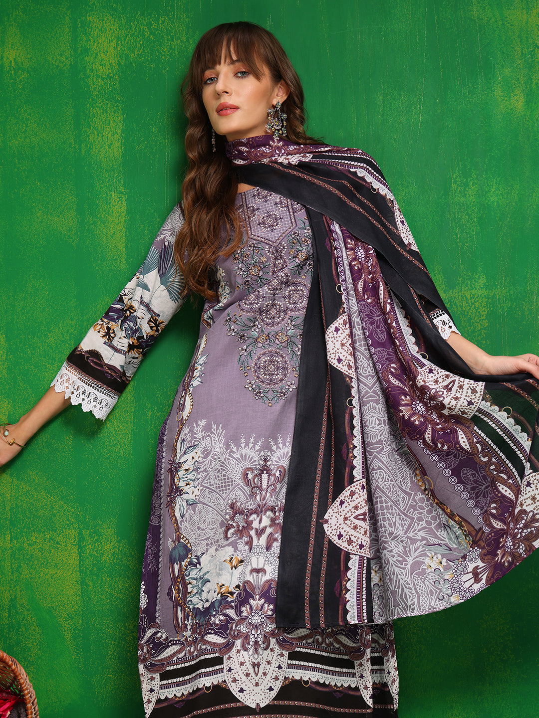 Pakistani Printed Kurta With Pant & Dupatta, Lavender - Hiral Fashion | Grocsy