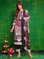 Pakistani Printed Kurta With Pant & Dupatta, Pink - Hiral Fashion | Grocsy