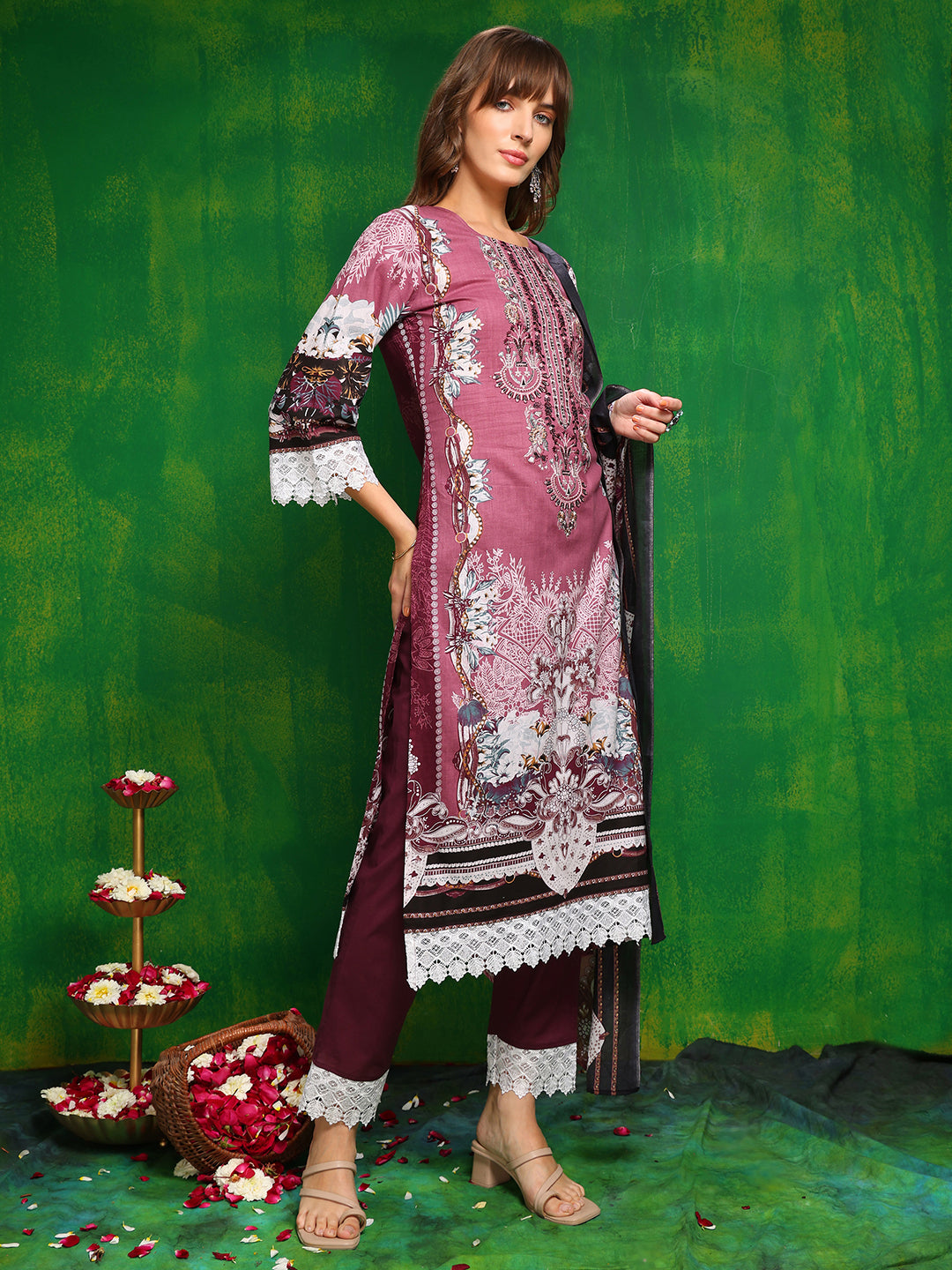 Pakistani Printed Kurta With Pant & Dupatta, Pink - Hiral Fashion | Grocsy