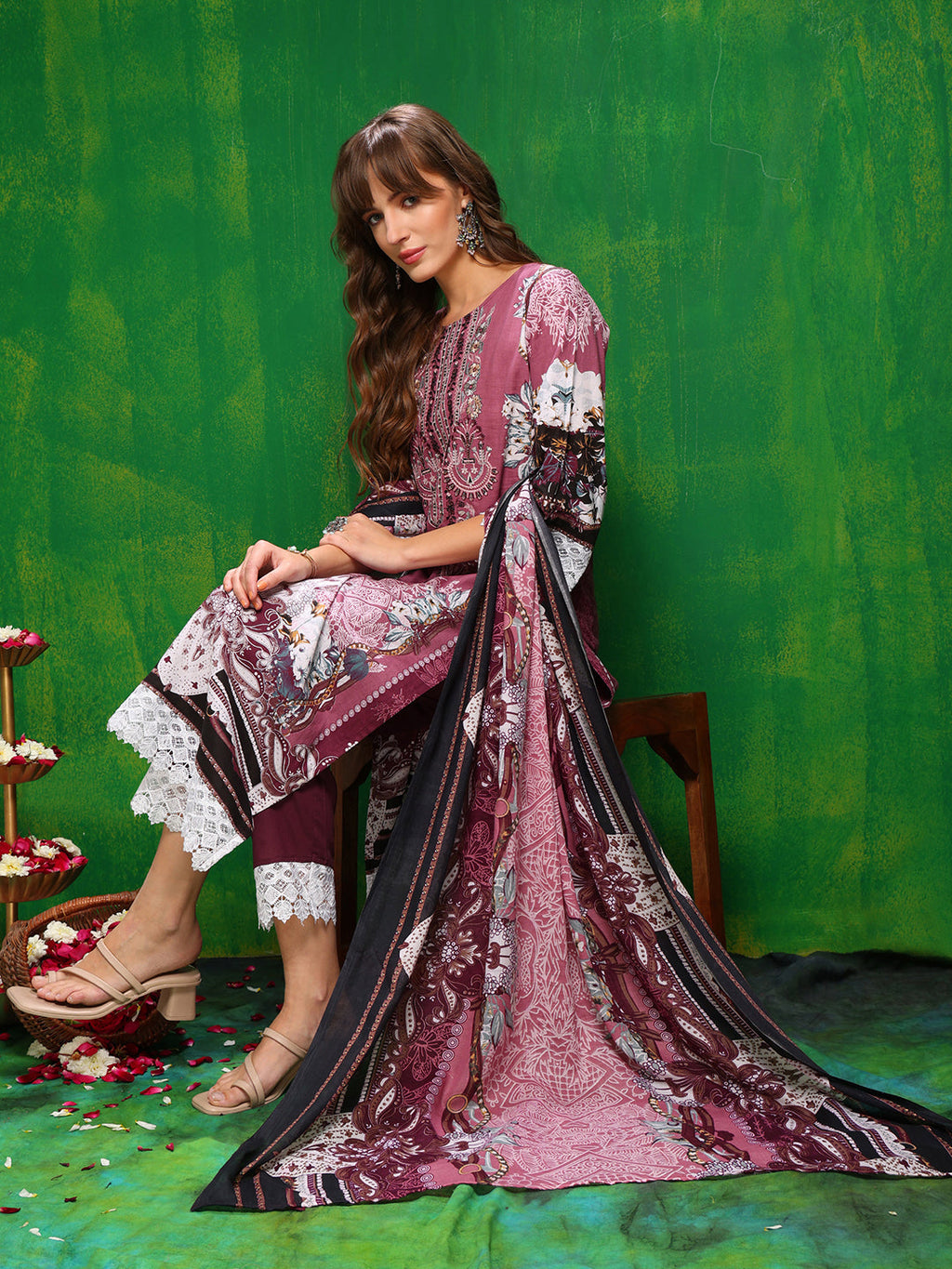 Pakistani Printed Kurta With Pant & Dupatta, Pink - Hiral Fashion | Grocsy