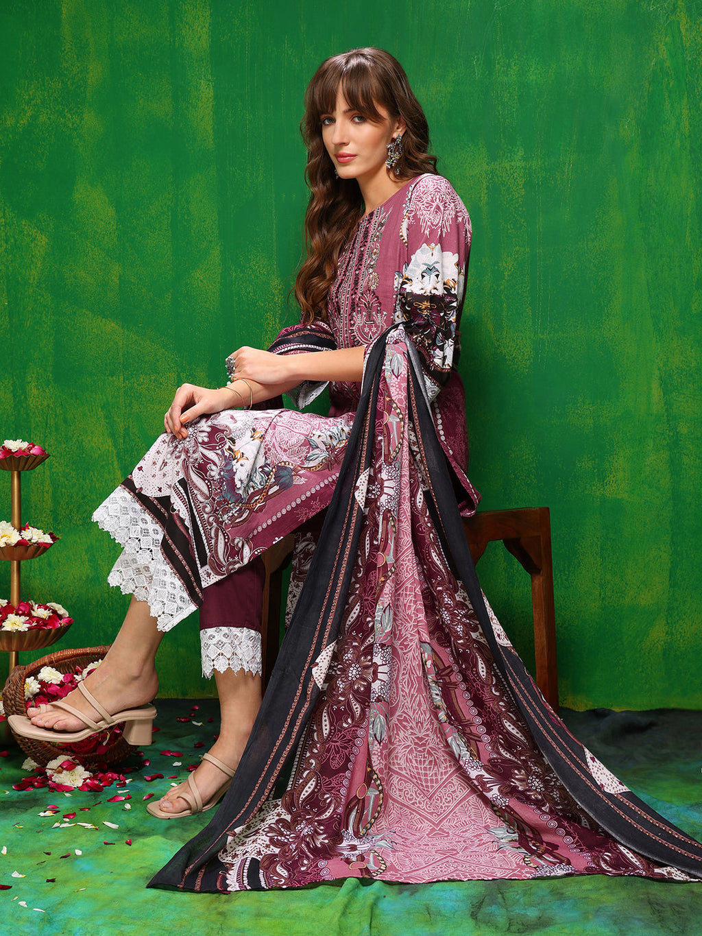 Pakistani Printed Kurta With Pant & Dupatta, Pink - Hiral Fashion | Grocsy