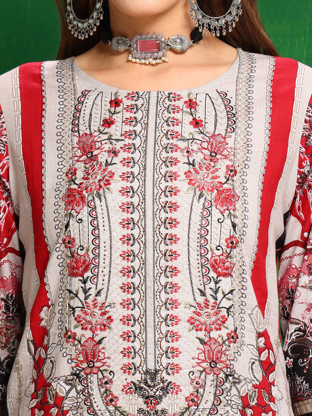 Pakistani Printed Kurta With Pant & Dupatta, Red - Hiral Fashion | Grocsy