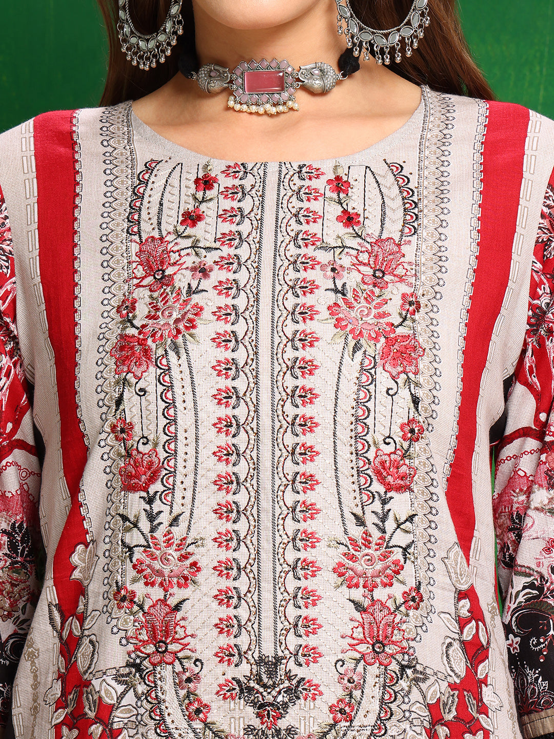 Pakistani Printed Kurta With Pant & Dupatta, Red - Hiral Fashion | Grocsy