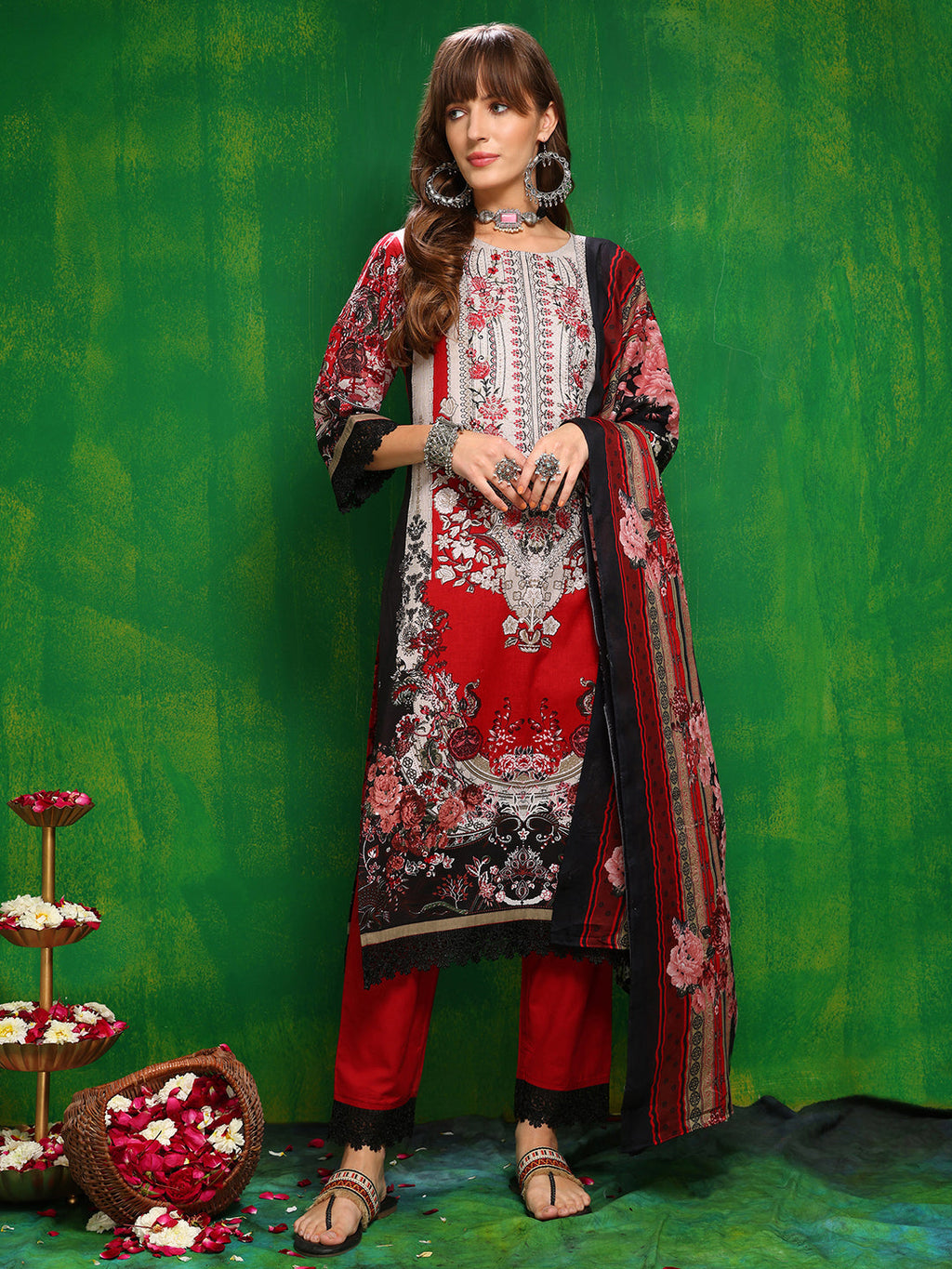 Pakistani Printed Kurta With Pant & Dupatta, Red - Hiral Fashion | Grocsy