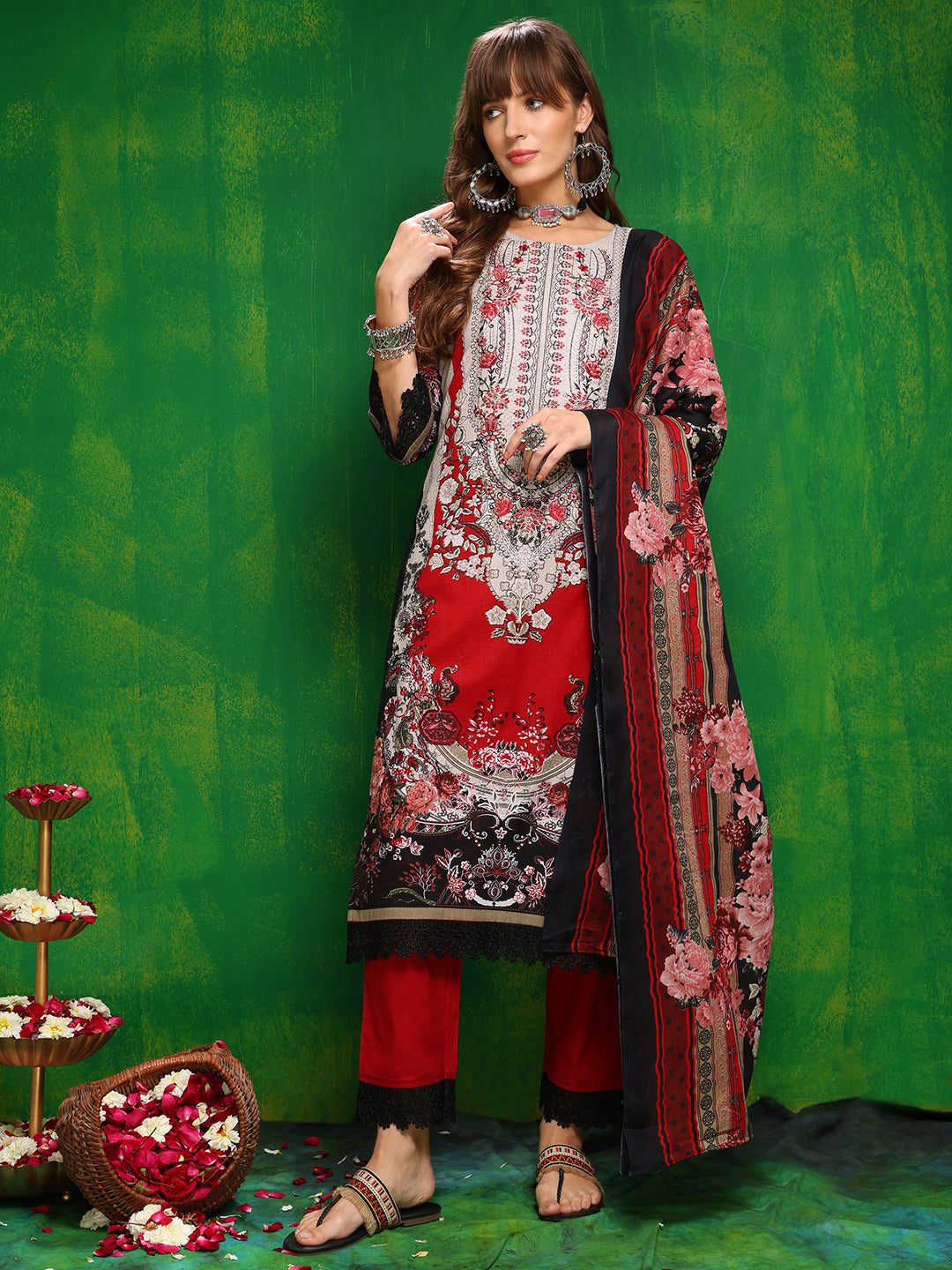 Pakistani Printed Kurta With Pant & Dupatta, Red - Hiral Fashion | Grocsy