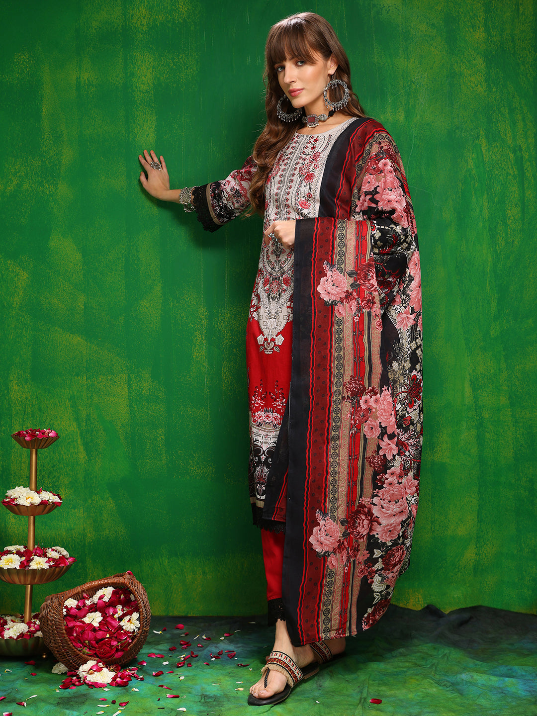 Pakistani Printed Kurta With Pant & Dupatta, Red - Hiral Fashion | Grocsy