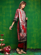 Pakistani Printed Kurta With Pant & Dupatta, Red - Hiral Fashion | Grocsy