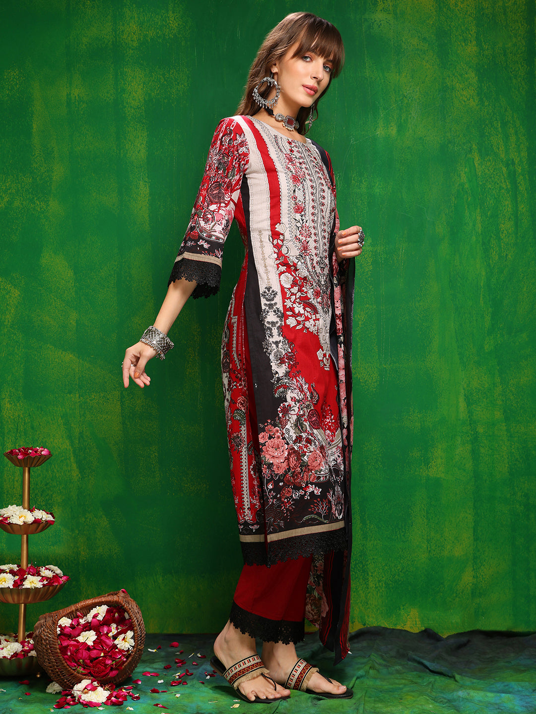 Pakistani Printed Kurta With Pant & Dupatta, Red - Hiral Fashion | Grocsy