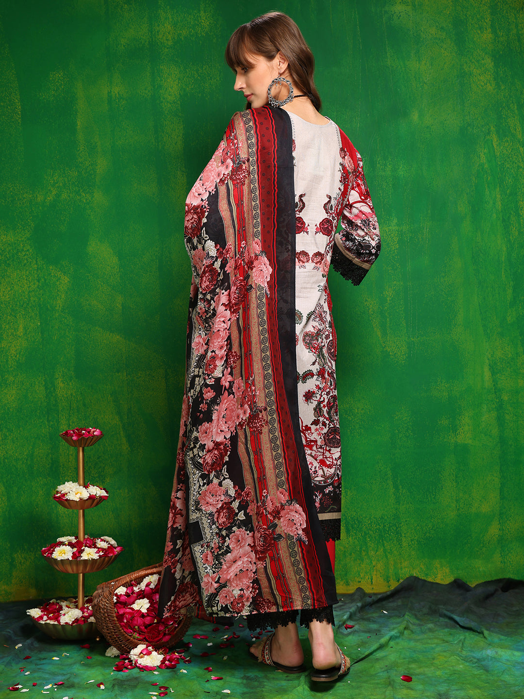 Pakistani Printed Kurta With Pant & Dupatta, Red - Hiral Fashion | Grocsy