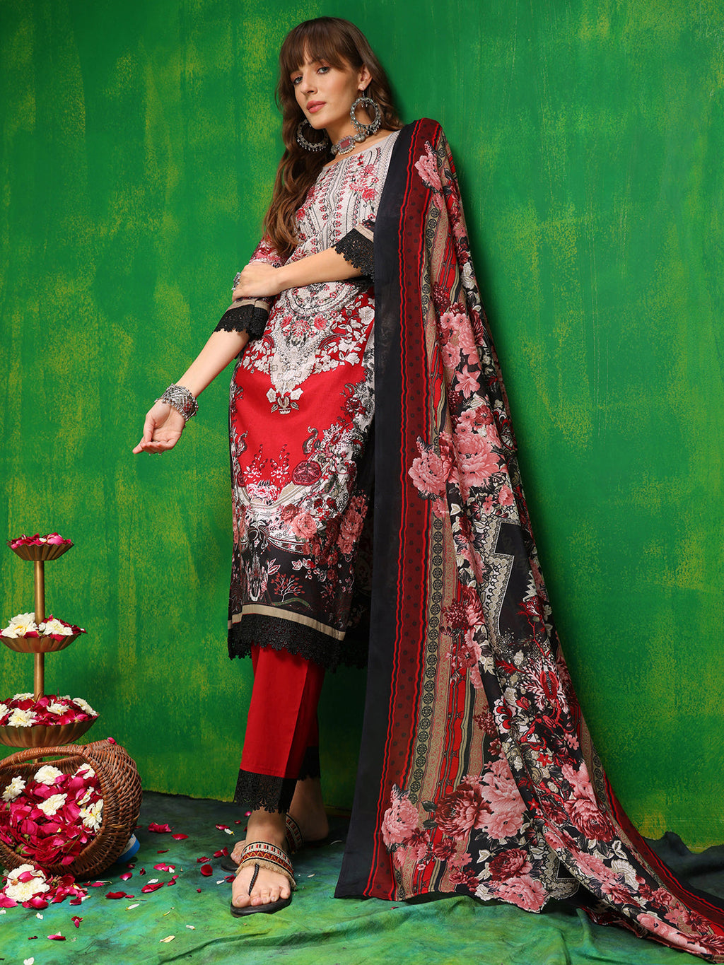 Pakistani Printed Kurta With Pant & Dupatta, Red - Hiral Fashion | Grocsy