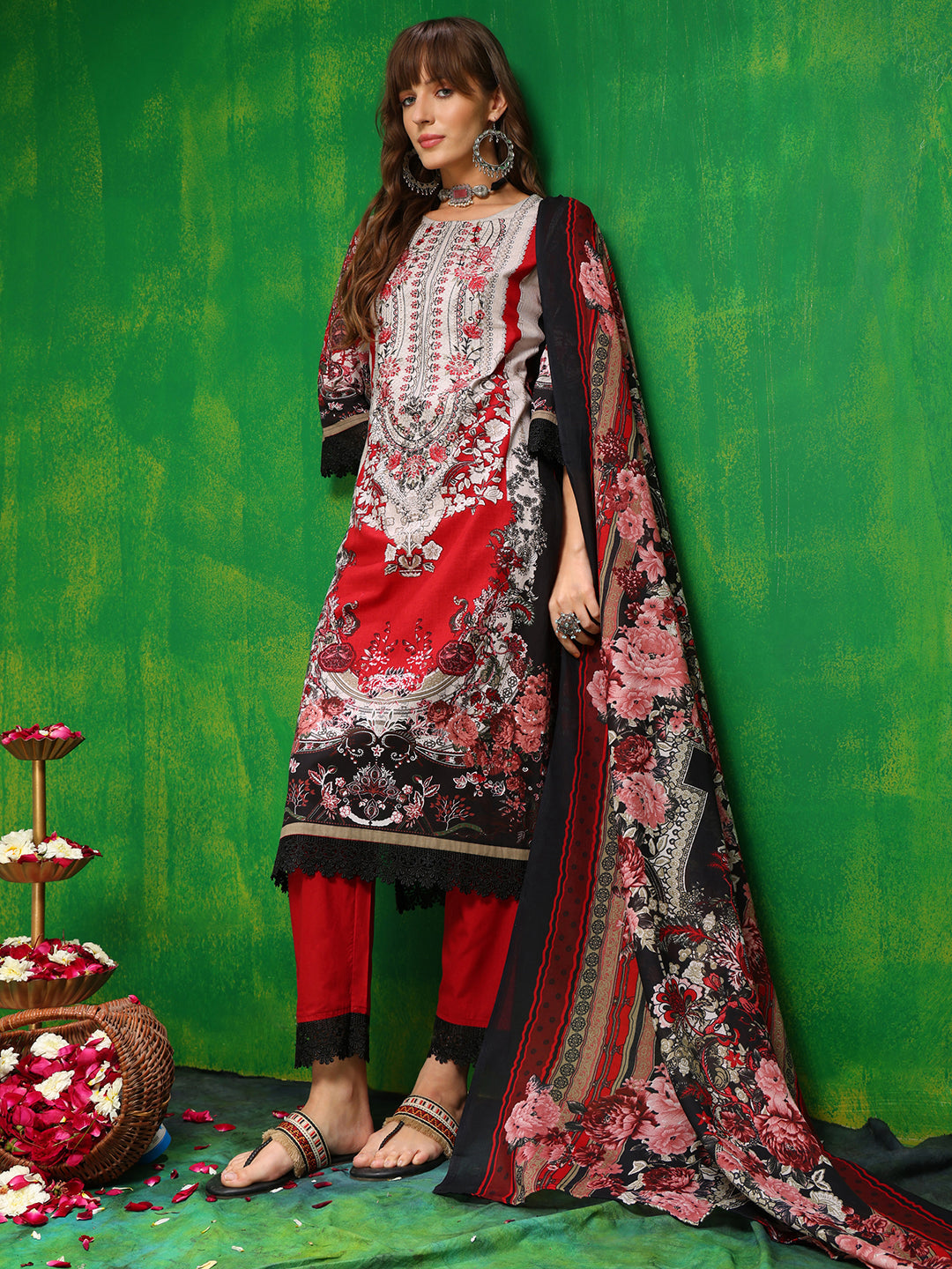 Pakistani Printed Kurta With Pant & Dupatta, Red - Hiral Fashion | Grocsy