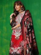 Pakistani Printed Kurta With Pant & Dupatta, Red - Hiral Fashion | Grocsy