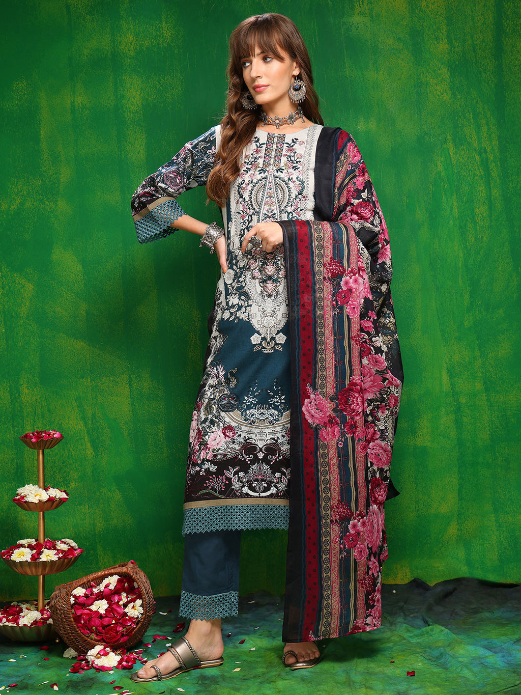 Pakistani Printed Kurta With Pant & Dupatta, Teal - Hiral Fashion | Grocsy
