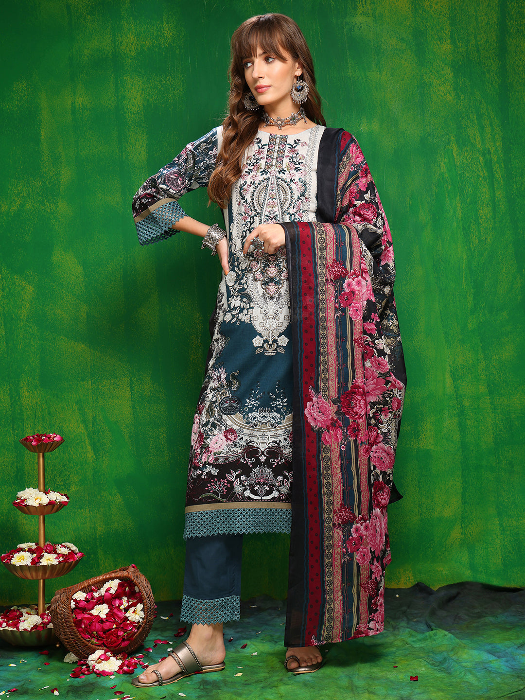 Pakistani Printed Kurta With Pant & Dupatta, Teal - Hiral Fashion | Grocsy