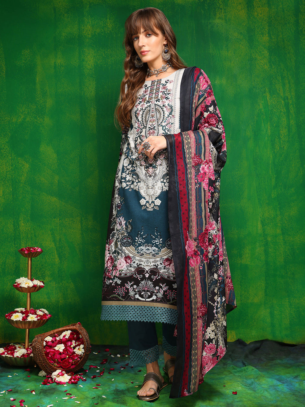Pakistani Printed Kurta With Pant & Dupatta, Teal - Hiral Fashion | Grocsy