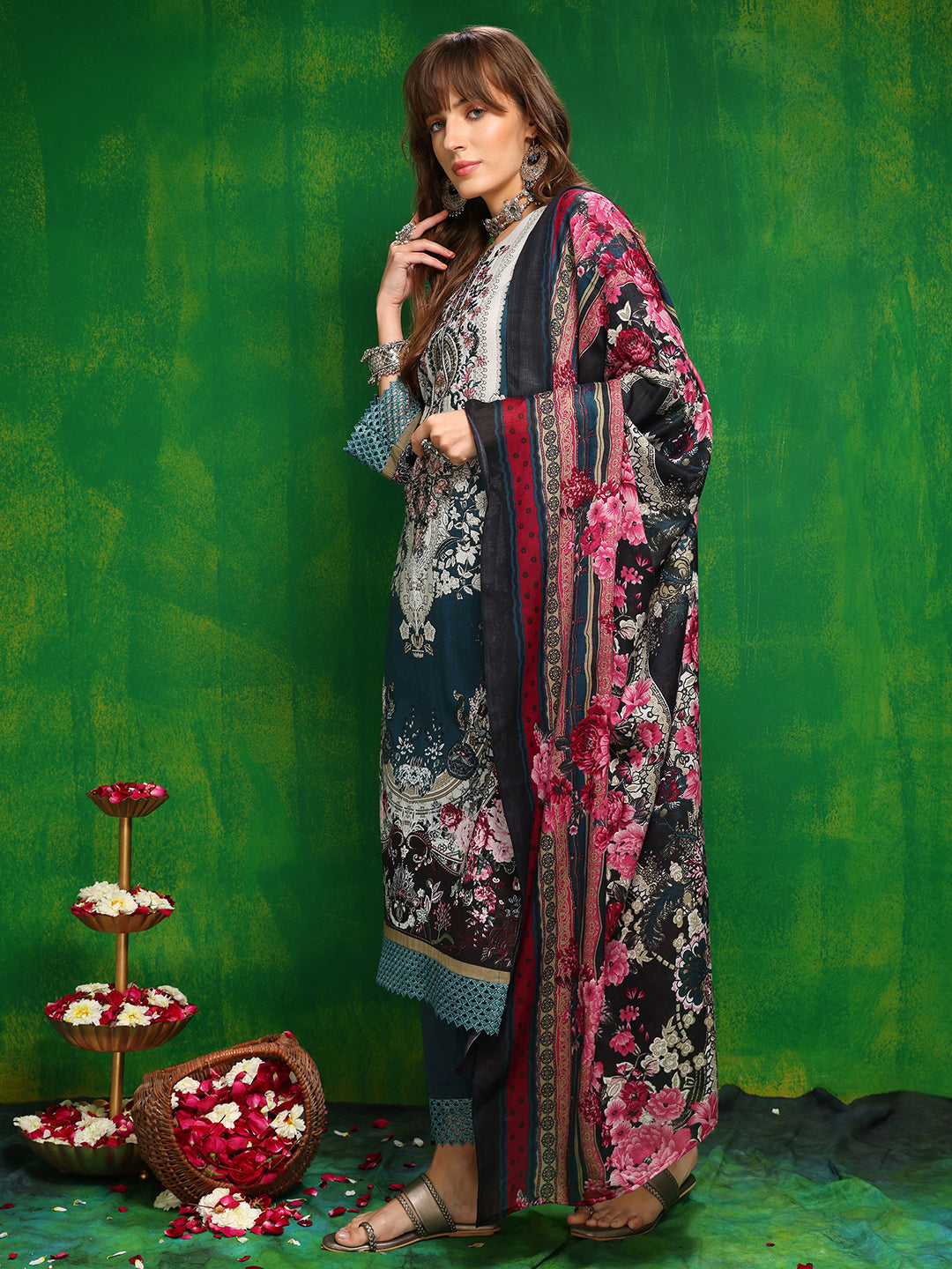 Pakistani Printed Kurta With Pant & Dupatta, Teal - Hiral Fashion | Grocsy