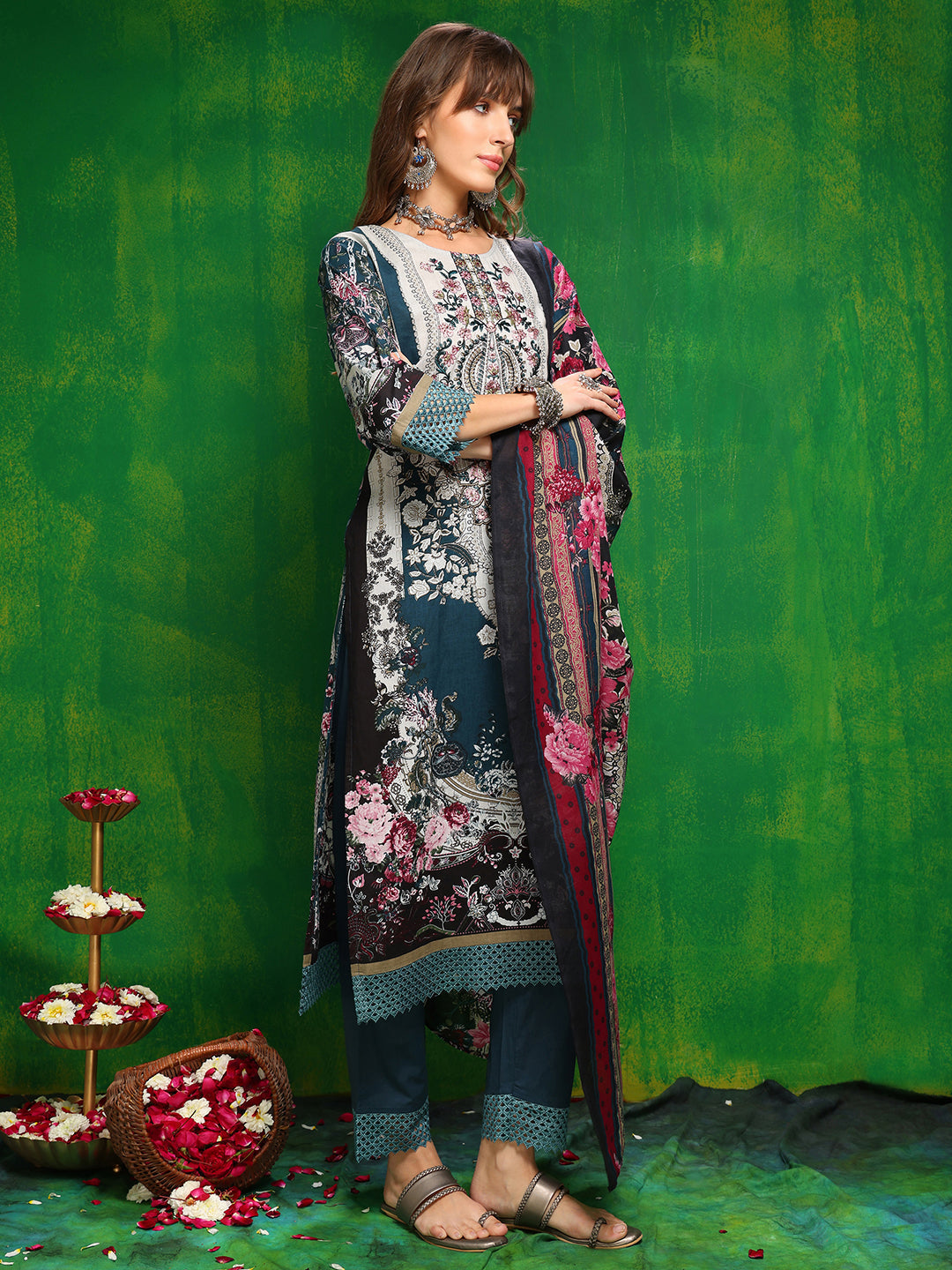 Pakistani Printed Kurta With Pant & Dupatta, Teal - Hiral Fashion | Grocsy