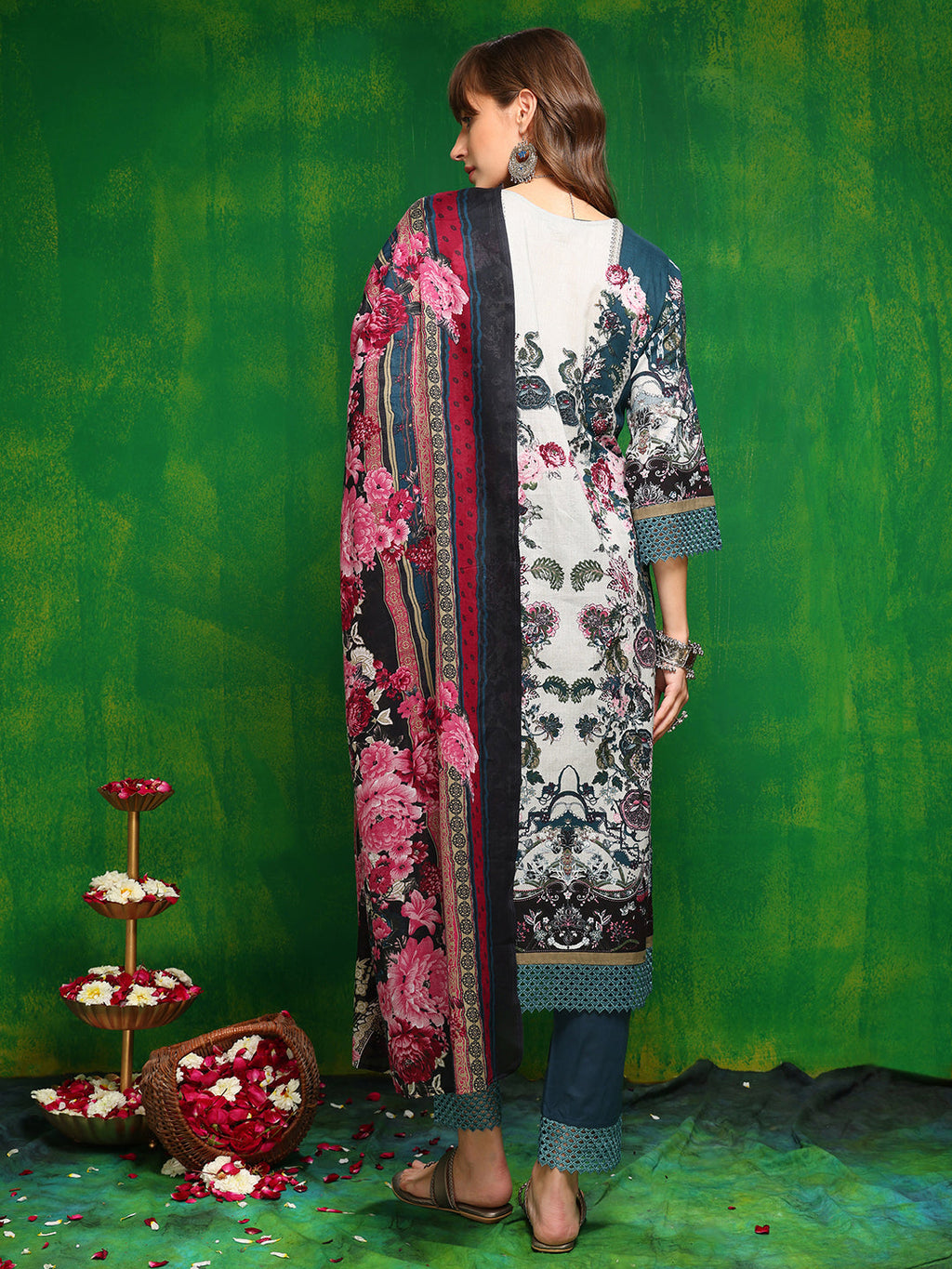 Pakistani Printed Kurta With Pant & Dupatta, Teal - Hiral Fashion | Grocsy