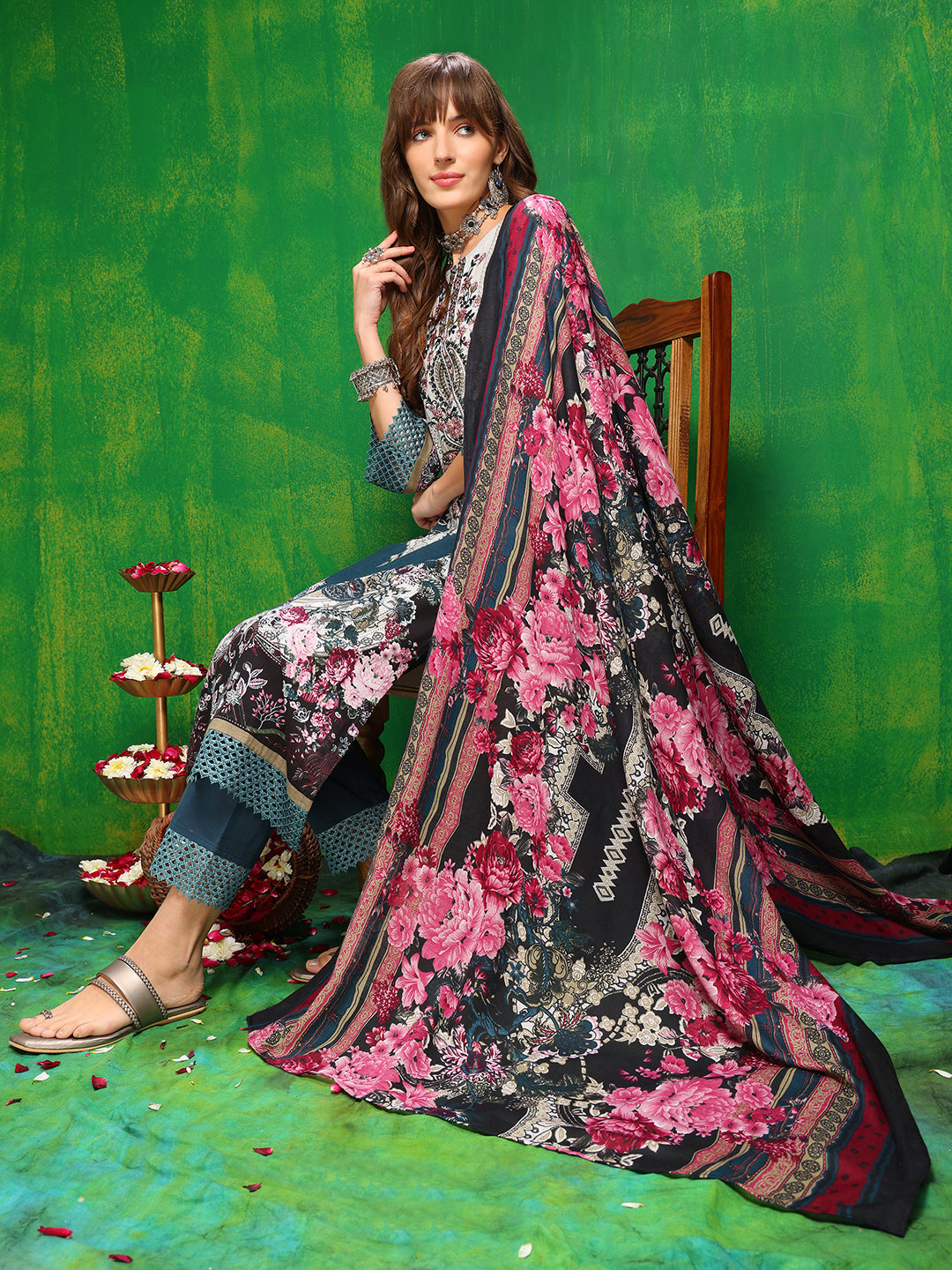Pakistani Printed Kurta With Pant & Dupatta, Teal - Hiral Fashion | Grocsy
