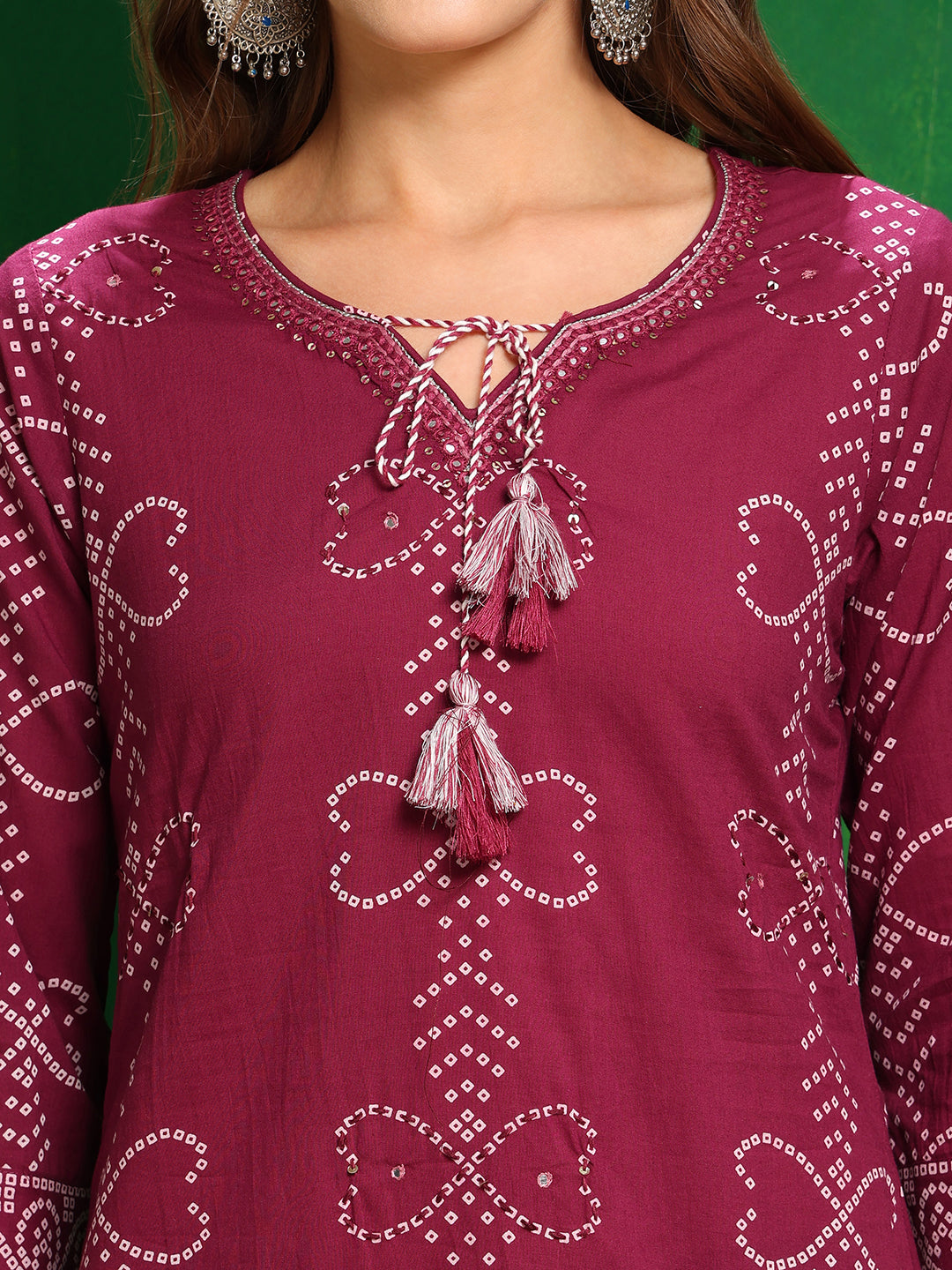 Bandhani Printed And Embroidered Kurta With Pant & Dupatta, Wine - Hiral Fashion | Grocsy