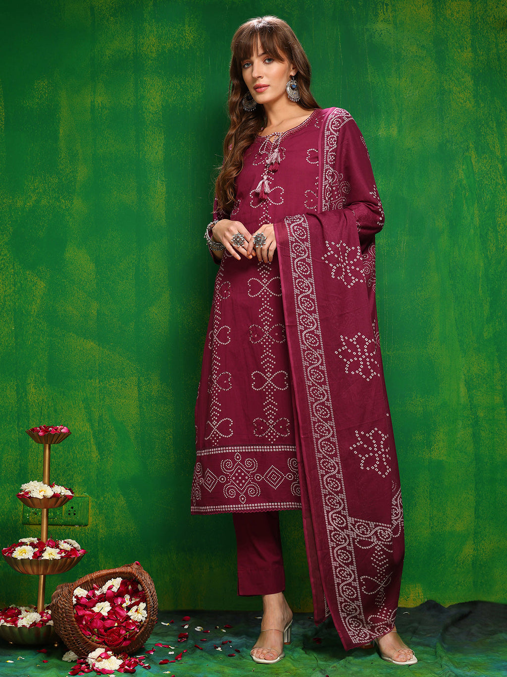 Bandhani Printed And Embroidered Kurta With Pant & Dupatta, Wine - Hiral Fashion | Grocsy