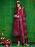 Bandhani Printed And Embroidered Kurta With Pant & Dupatta, Wine - Hiral Fashion | Grocsy