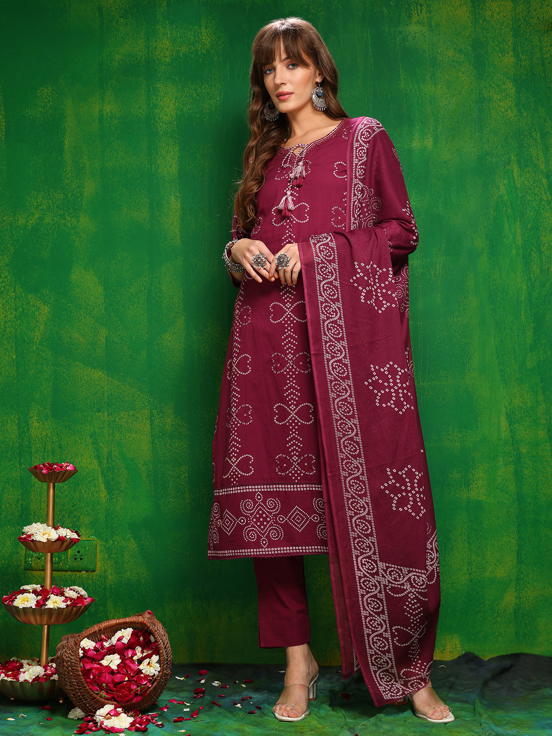 Bandhani Printed And Embroidered Kurta With Pant & Dupatta, Wine - Hiral Fashion | Grocsy
