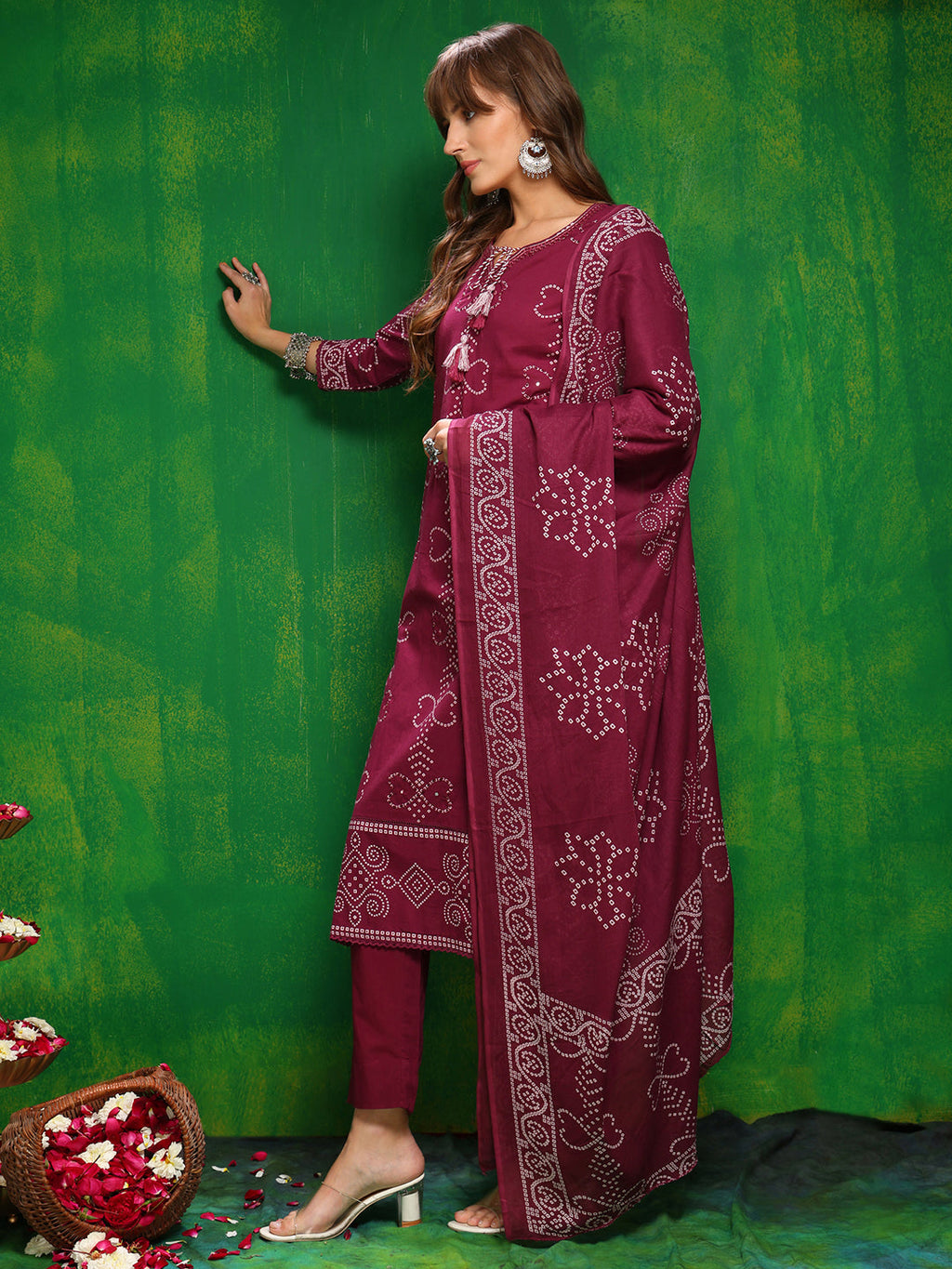 Bandhani Printed And Embroidered Kurta With Pant & Dupatta, Wine - Hiral Fashion | Grocsy