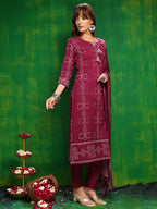 Bandhani Printed And Embroidered Kurta With Pant & Dupatta, Wine - Hiral Fashion | Grocsy