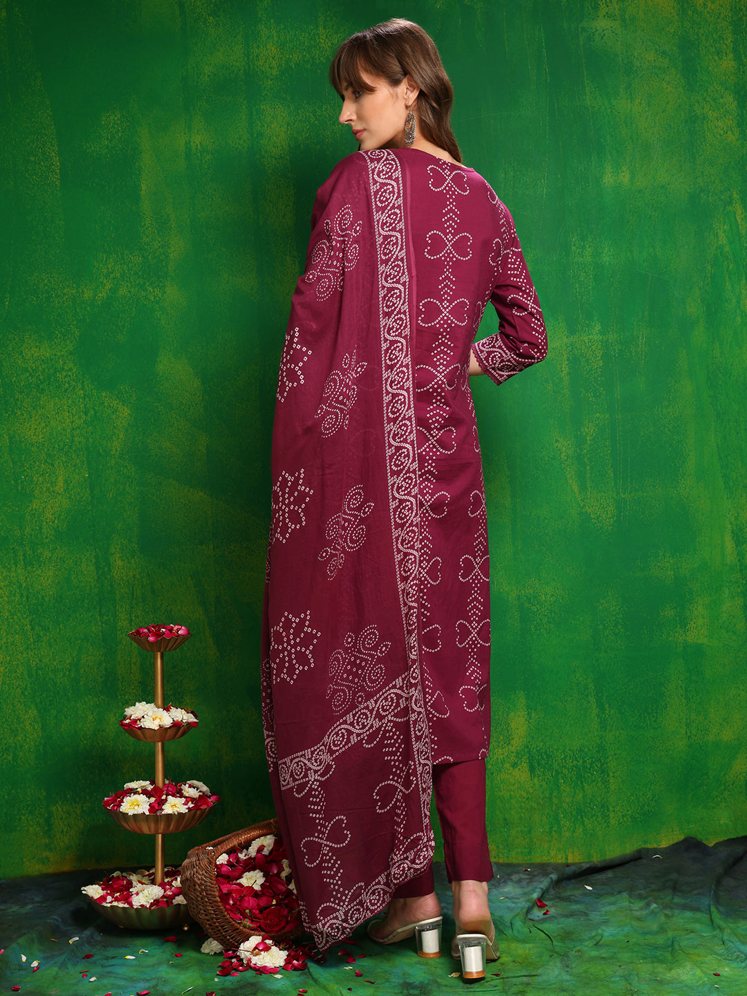 Bandhani Printed And Embroidered Kurta With Pant & Dupatta, Wine - Hiral Fashion | Grocsy