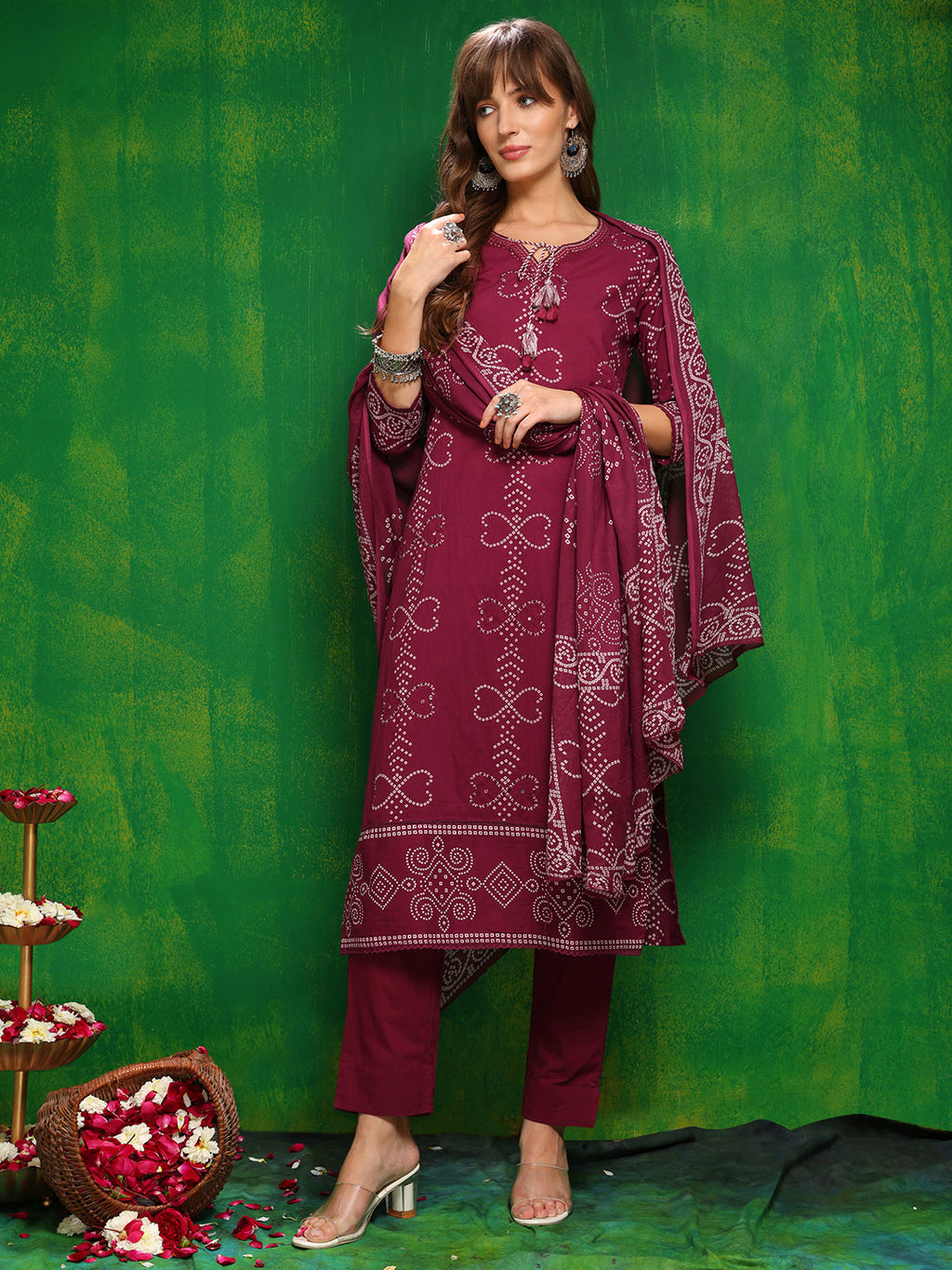 Bandhani Printed And Embroidered Kurta With Pant & Dupatta, Wine - Hiral Fashion | Grocsy