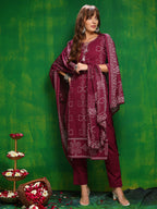 Bandhani Printed And Embroidered Kurta With Pant & Dupatta, Wine - Hiral Fashion | Grocsy