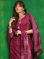 Bandhani Printed And Embroidered Kurta With Pant & Dupatta, Wine - Hiral Fashion | Grocsy