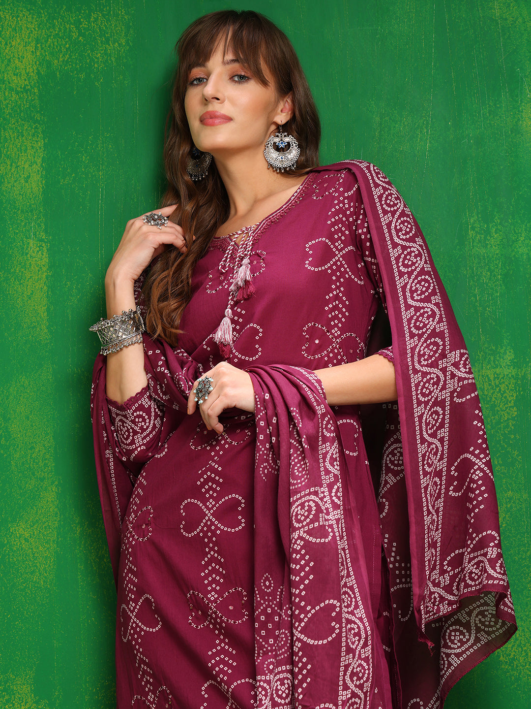 Bandhani Printed And Embroidered Kurta With Pant & Dupatta, Wine - Hiral Fashion | Grocsy